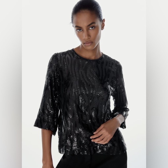 New Zara Sequin Black Raquel Flowy Top Blouse 4786/307 Large